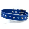 A royal blue, star-studded leather dog collar with aquamarine Swarovski crystals, handmade by Petiquette