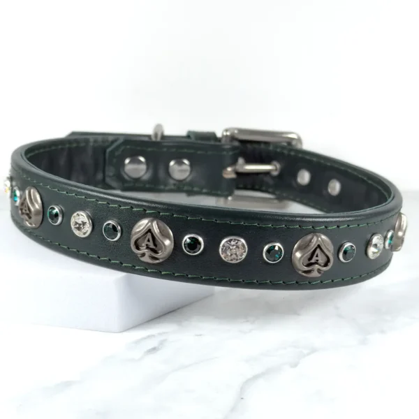 Ace of Spades Dog Collar in Bottle Green Leather, handmade by Petiquette Collars