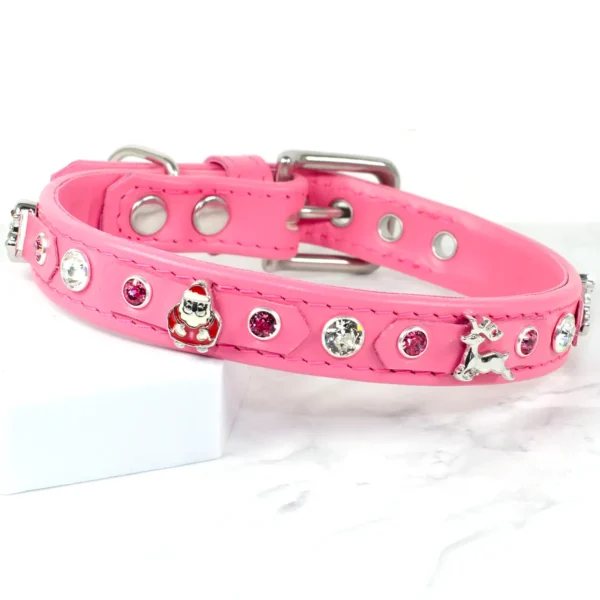 a pink christmas collar, the feliz navidog, made by petiquette