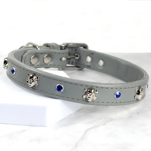 grey leather skull dog collar, handmade by Petiquette Collars