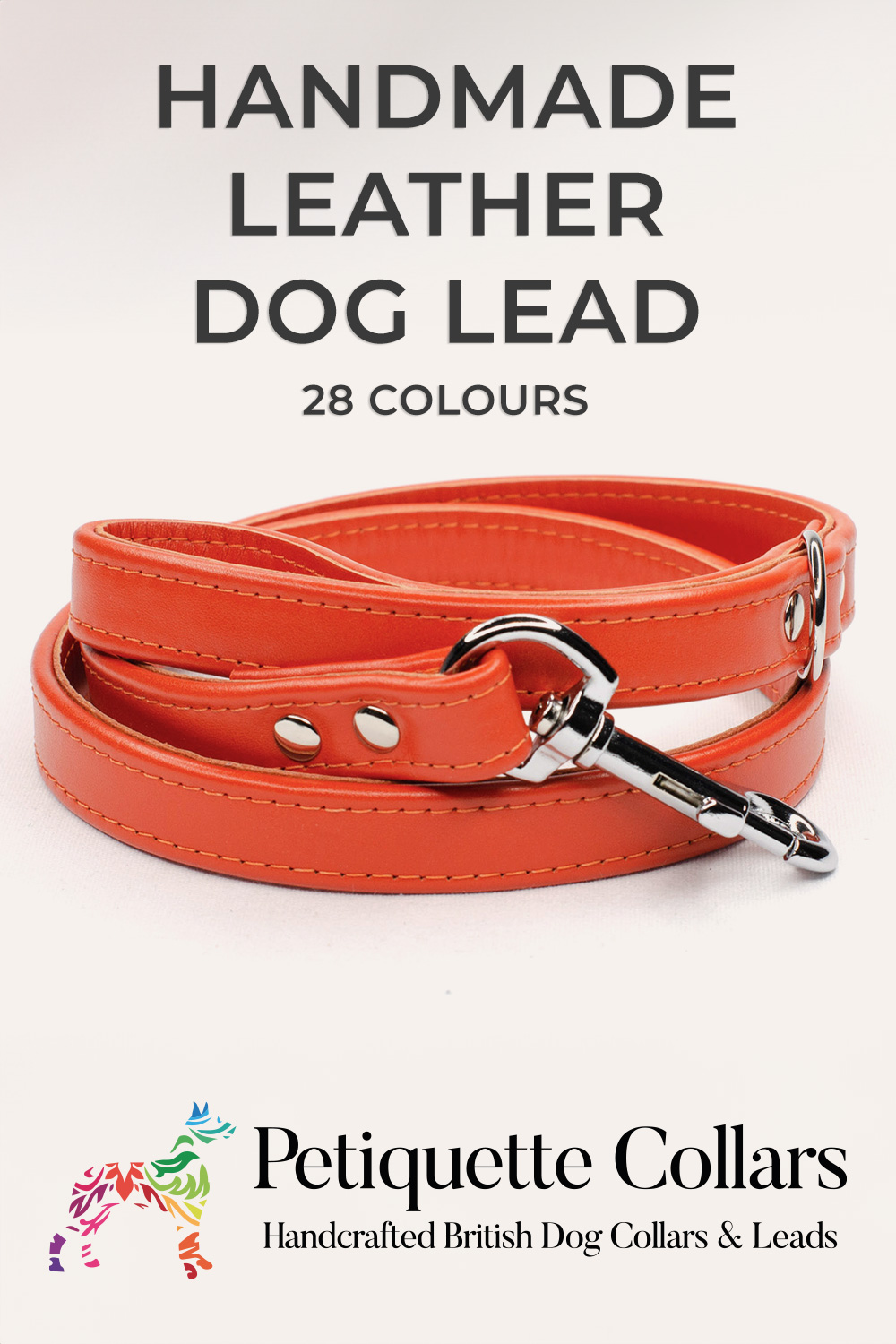 Orange handmade leather dog lead with stainless steel clasp, displayed coiled on a light background with Petiquette Collars branding.