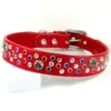 A wide, red leather dog collar covered in sparkling Swarovski crystals alongside Ace-of-Spades studs, handmade by Petiquette