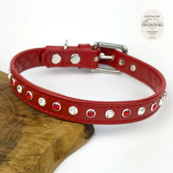 red leather dog collar with Swarovski crystals - Straight Flush, handmade by Petiquette