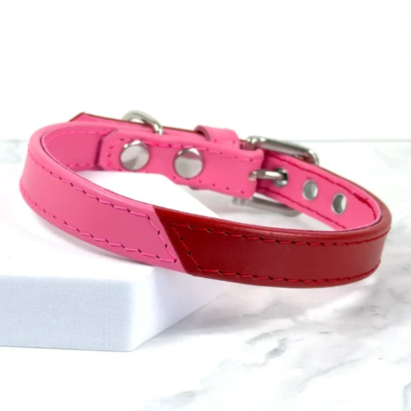 a multi-coloured leather dog collar in candyfloss pink and ruby red, handmade by Petiquette Collars
