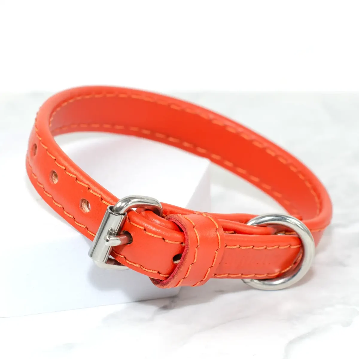 an orange leather puppy collar with a stainless steel buckle, perfect as a first collar for a new puppy