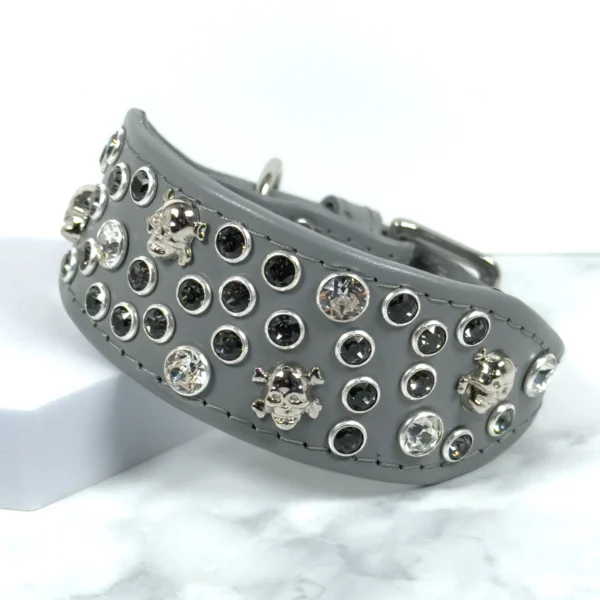 Skull studded Italian Greyhound collar in grey leather with Swarovski crystals by Petiquette
