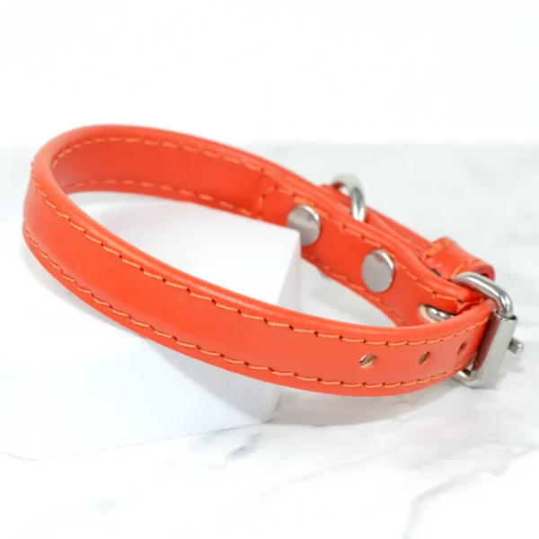 a soft leather orange puppy collar made by Petiquette