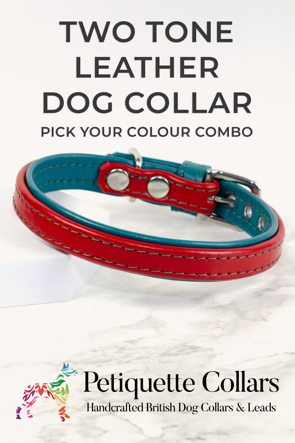 Close-up of a red and teal two tone leather dog collar with stainless steel buckle, smooth edges and bold colour contrast.