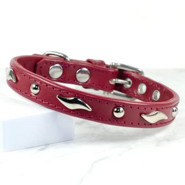 a vintage red leather dog collar with silver studs, handmade by Petiquette