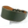 A two-toned leather greyhound collar in olive green with a tan coloured lining and stitching, handmade by Petiquette