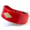 A red leather whippet collar with a beige leather diamond accent in its centre. handmade by Petiquette