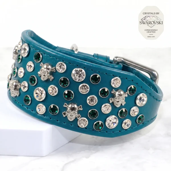 Jolly Roger Swarovski Skull Whippet Collar - Teal - Petiquette Collars