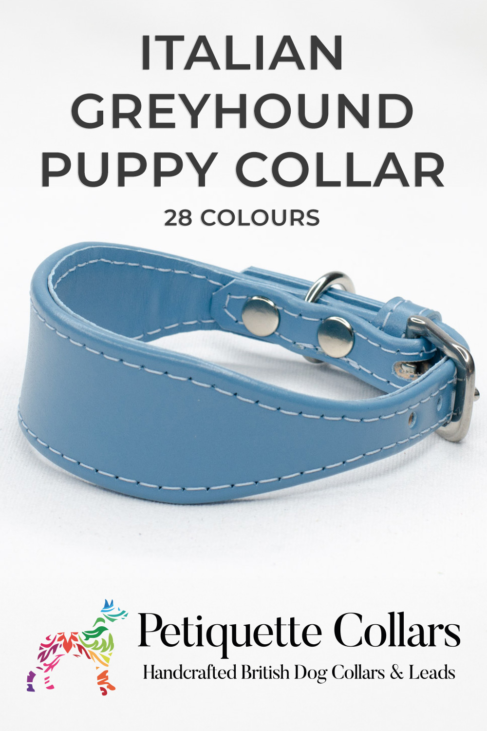 Light blue Italian Greyhound puppy collar in soft leather with a fishtail shape, displayed on a white background.