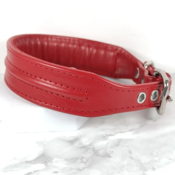 a red dog collar, handmade by Petiquette Collars