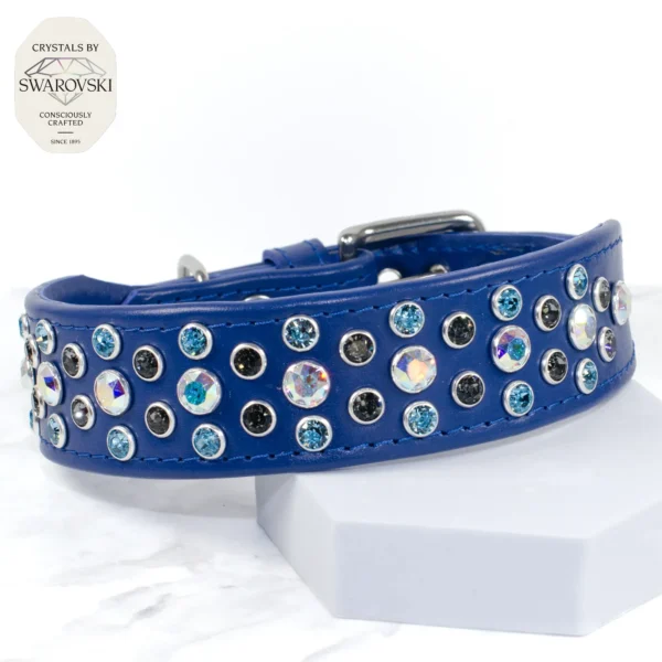 Trinity diamond dog collar with crystals by Swarovski, handmade in signal blue Italian calf leather by Petiquette