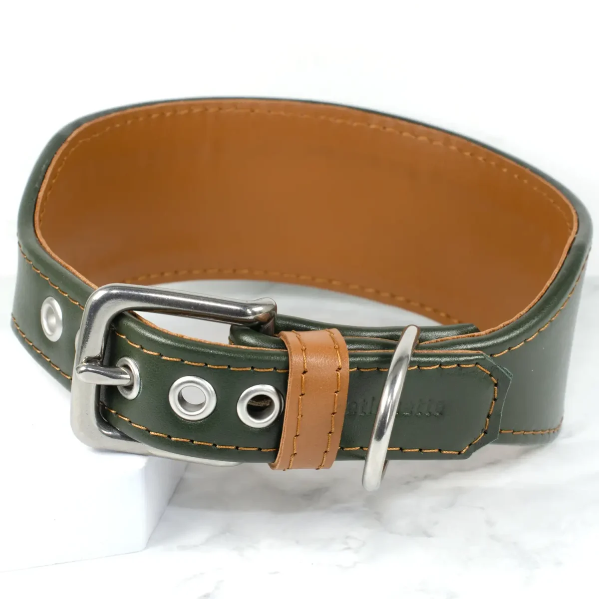 a two tone wide greyhound collar with a tan lining, handmade by Petiquette