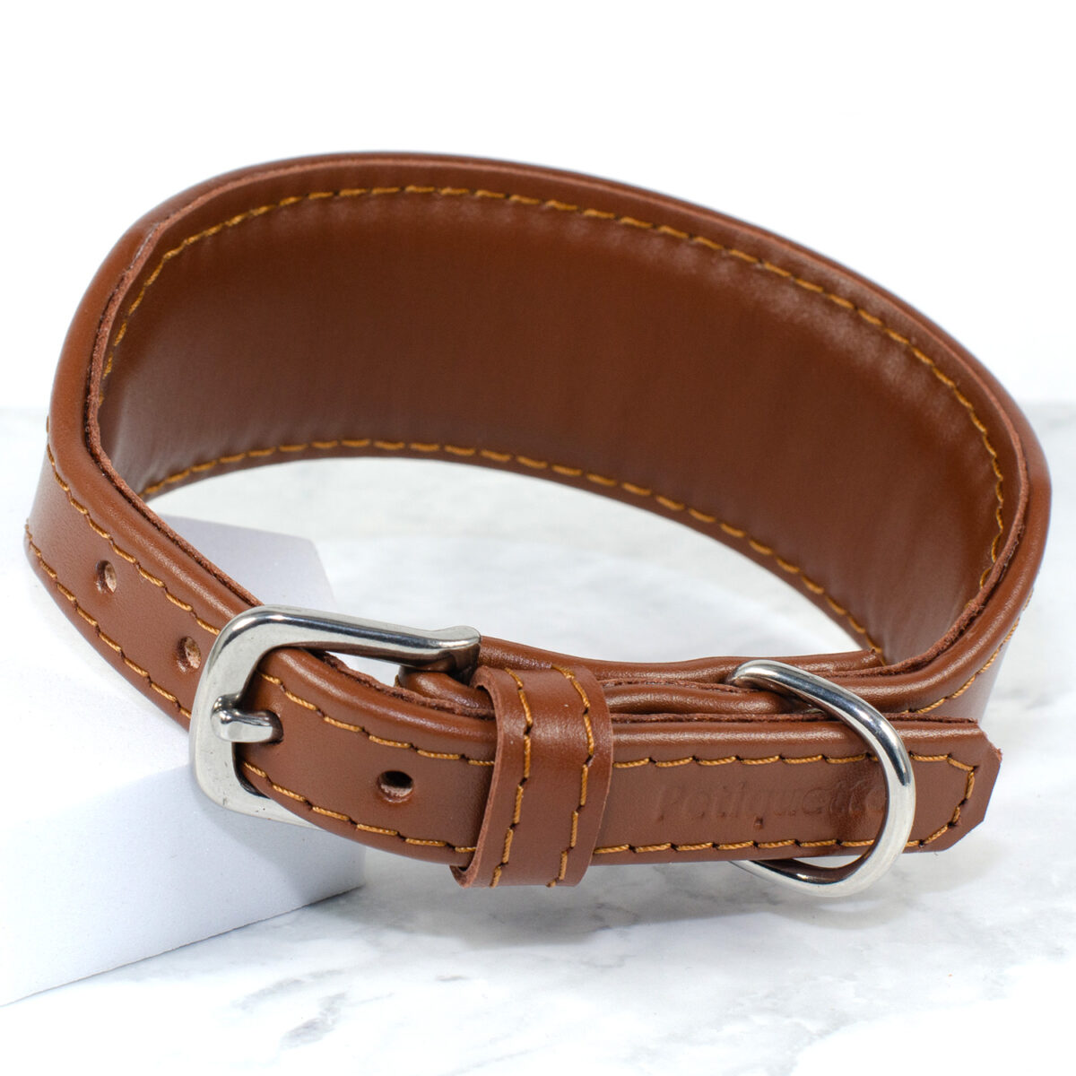 a wide leather whippet puppy collar in brown leather, handmade by Petiquette
