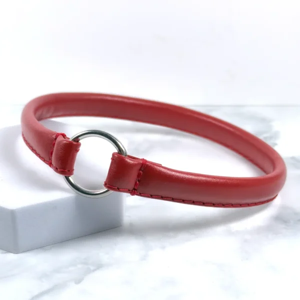 padded flat house collar in red leather, handmade by Petiquette Collars