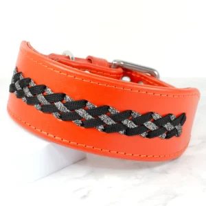 an orange leather whippet collar with a row of paracord braiding, handmade by Petiquette