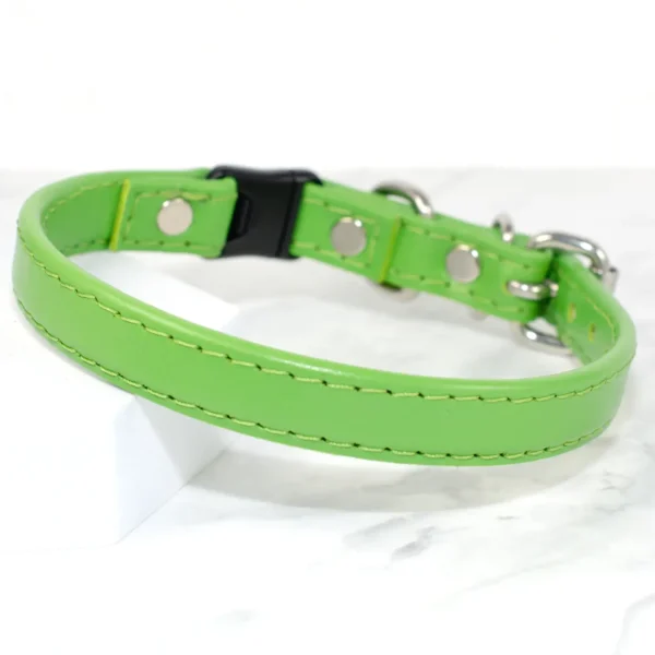 a lime green leather cat collar fitted with a breakaway safety buckle, handmade by Petiquette