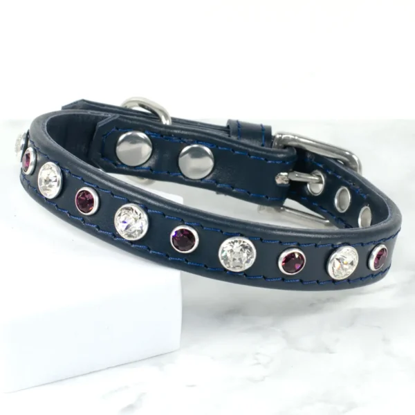 a dark blue leather dog collar with a row of amethyst and diamond Swarovski crystals, handmade by Petiquette