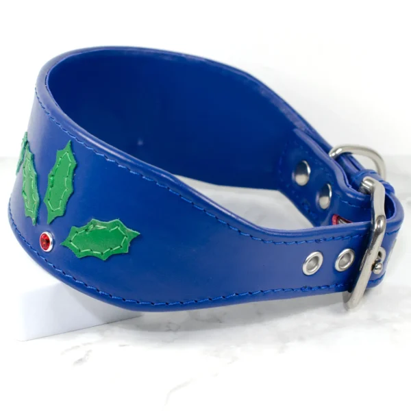 Winter Holly Christmas Greyhound collar - Signal Blue - Petiquette Collars