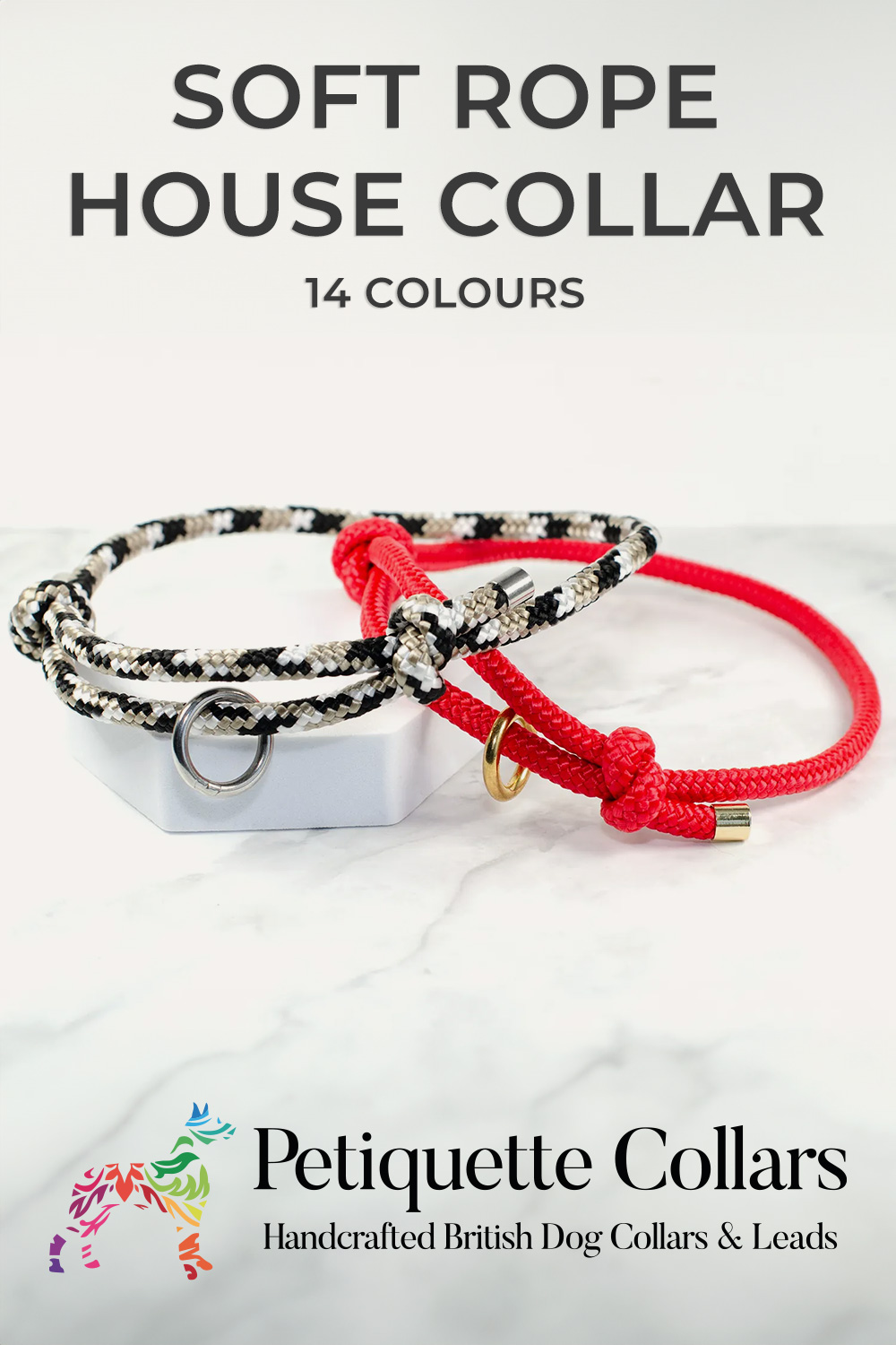 Vertical Pinterest image of two soft rope dog house collars in black/white and red with brass and stainless steel hardware, handmade in the UK and available in 14 colours.
