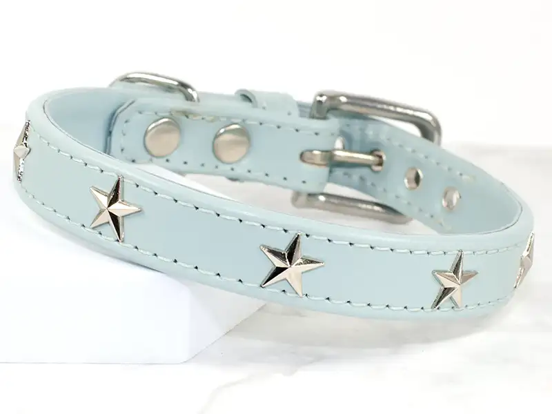 a spearmint coloured leather dog collar with silver star studs made by Petiquette