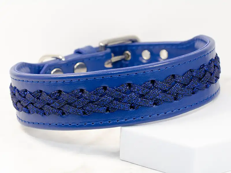 a vibrant blue leather dog collar with braided paracord detailing made by Petiquette