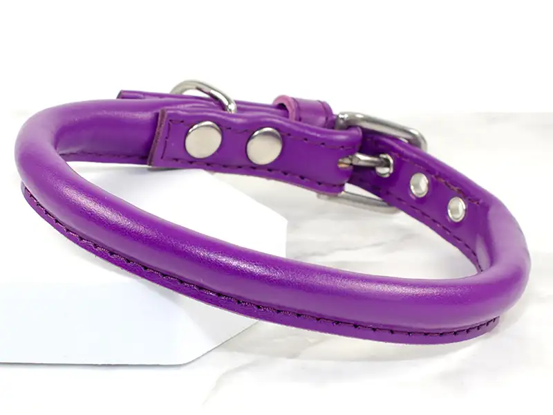A vibrant purple rolled leather dog collar handmade by Petiquette Collars