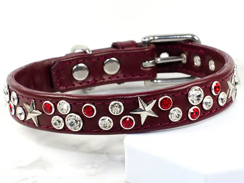 Closeup shot of a personalised Swarovski dog collar from Petiquette