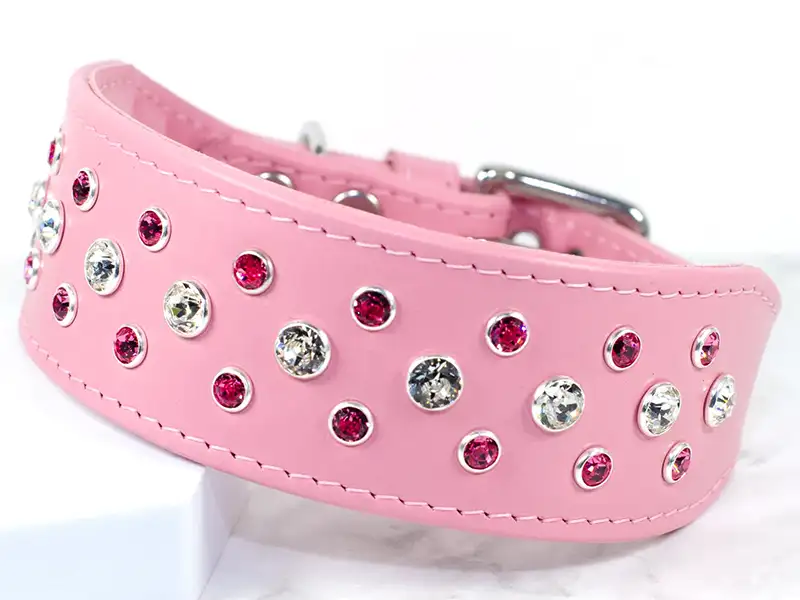 Stylish Whippet Collars in Every Colour: Our Top Picks 4 Razzle Dazzle Whippet Collar in Baby Pink leather with Swarovski crystals, handmade by Petiquette