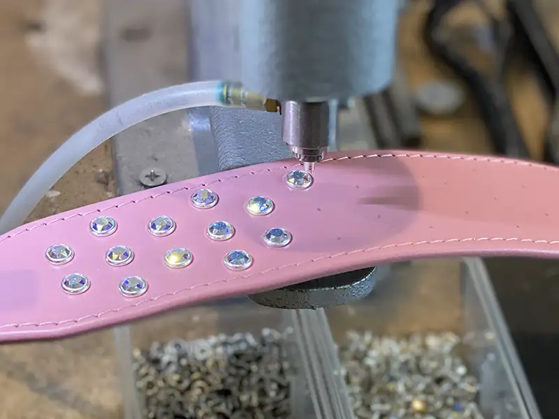 Applying Swarovski crystal rivets to a Petiquette Collar