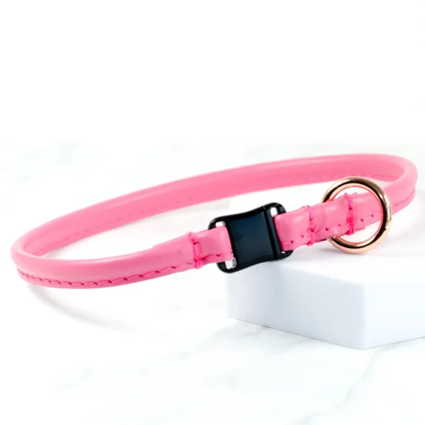 a candyfloss pink leather hosue collar with a safety clasp fitted made by Petiquette