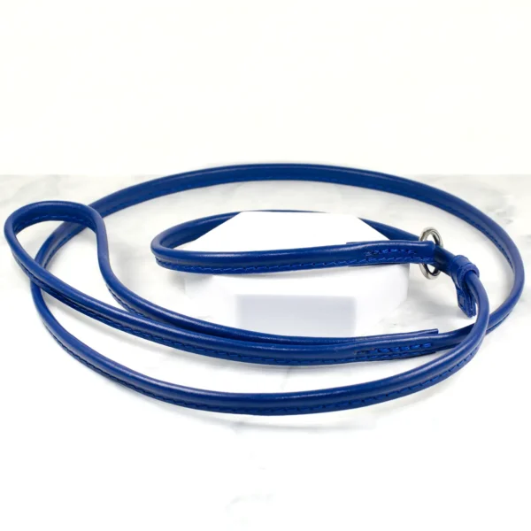 a close-up of a handmade blue leather slip lead by Petiquette