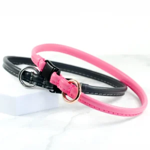 Pink and grey leather house collars fitted with safety buckle made by Petiquette