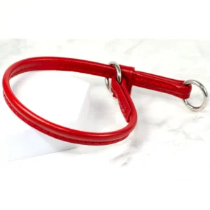 a close-up of a handmade dog slip collar in red leather by Petiquette