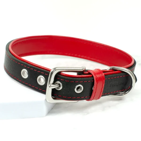 a black and red leather dog collar made from traditional vegetable tanned leather by petiquette