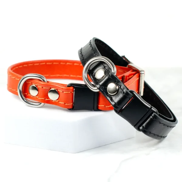 two lightweight leather cat collars in black and orange leather made by Petiquette