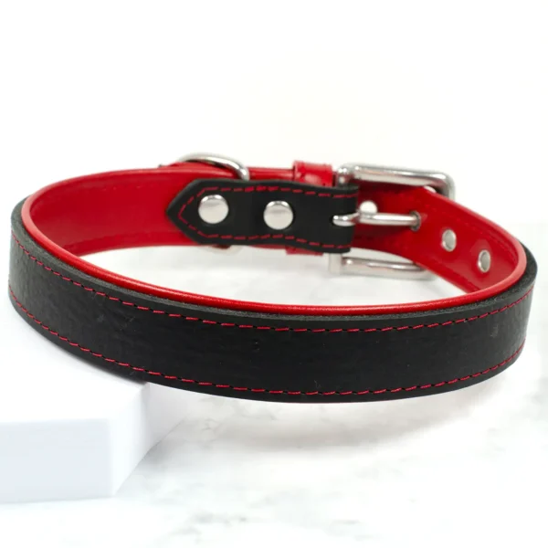 A black leather dog collar with a ruby red lining, handmade by Petiquette