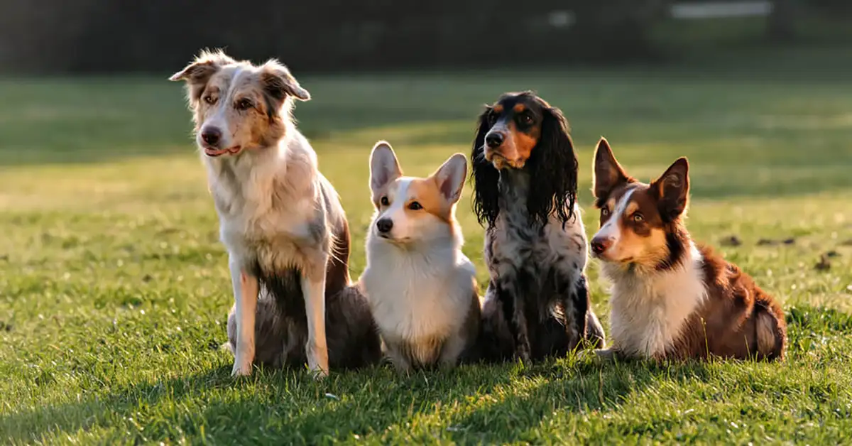 4 dogs sitting next to each other in a field.