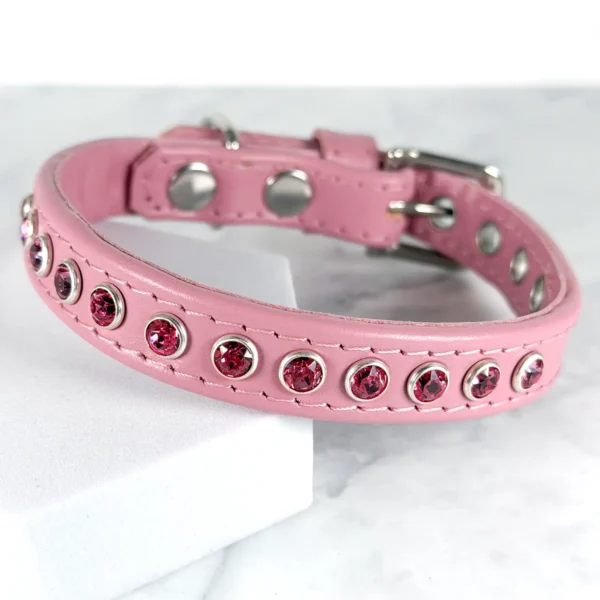 a pink Swarovski dog collar to fit a dog with a neck size of between 9" and 11", handmade by Petiquette