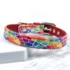 a rainbow mosaic printed leather dog collar handmade by Petiquette
