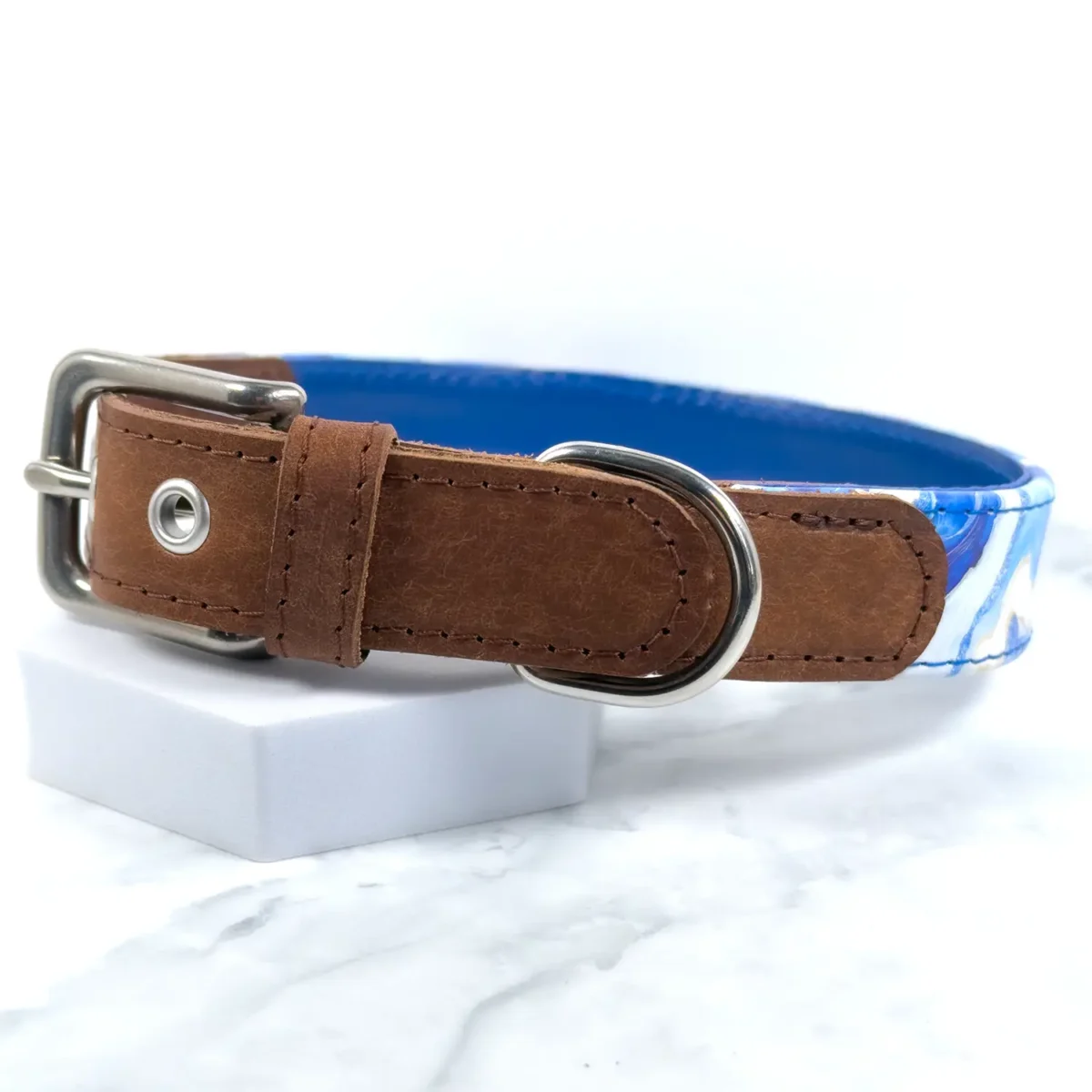 Blue Agate printed leather dog collar showing the brown Italian leather buckle strap on larger sizes=