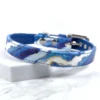 Blue Agate printed leather dog collar showing cobalt blue, pale blue and gold agate print pattern on Italian calf leather
