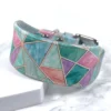 A printed leather sighthound collar with a mint green pastel prism pattern, handmade by Petiquette