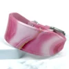 A printed leather sighthound collar with a pink agate pattern, handmade by Petiquette