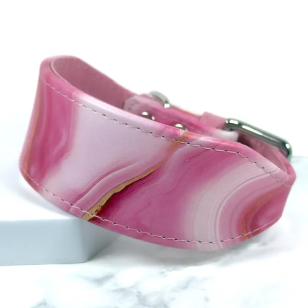 A printed leather sighthound collar with a pink agate pattern, handmade by Petiquette