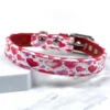 Sweetheart printed leather dog collar showing watercolour hearts in deep red, soft pink and purple on Italian calf leather