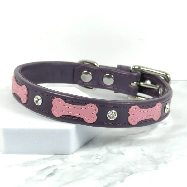 a dog collar with leather bones and Swarovski crystals by Petiquette Collars